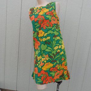 Vintage 60s 70s Short Hawaiian BOLD Green Orange Yellow Sleeveless Dress